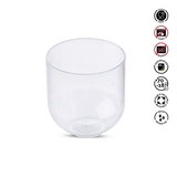 Clear glass cup with safety and care instructions on a white background