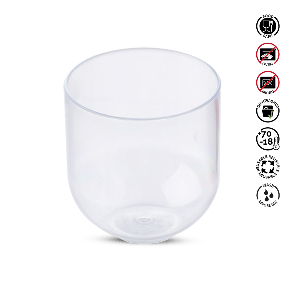 Clear glass cup with safety and care instructions on a white background
