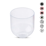 Clear glass cup with safety and care instructions on a white background