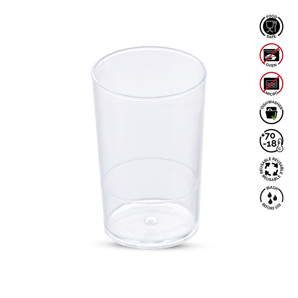 Clear plastic cup with recycling and safety symbols on a white background