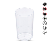 Clear plastic cup with recycling and safety symbols on a white background