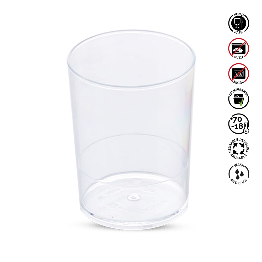 Clear plastic cup with recycling and safety symbols on a white background
