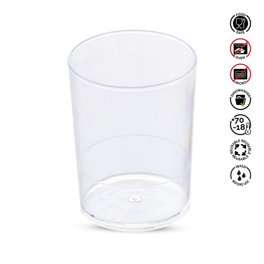 Clear plastic cup with recycling and safety symbols on a white background