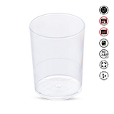 Clear plastic cup with recycling and safety symbols on a white background