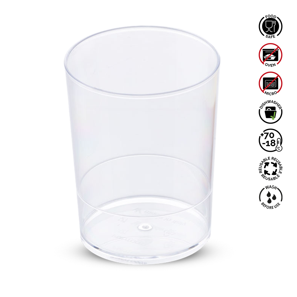 Clear plastic cup with recycling and safety symbols on a white background