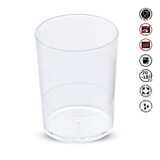 Clear plastic cup with recycling and safety symbols on a white background