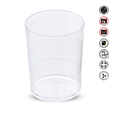 Clear plastic cup with recycling and safety symbols on a white background