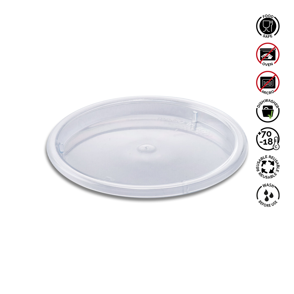 Clear plastic lid with recycling and safety symbols on a white background