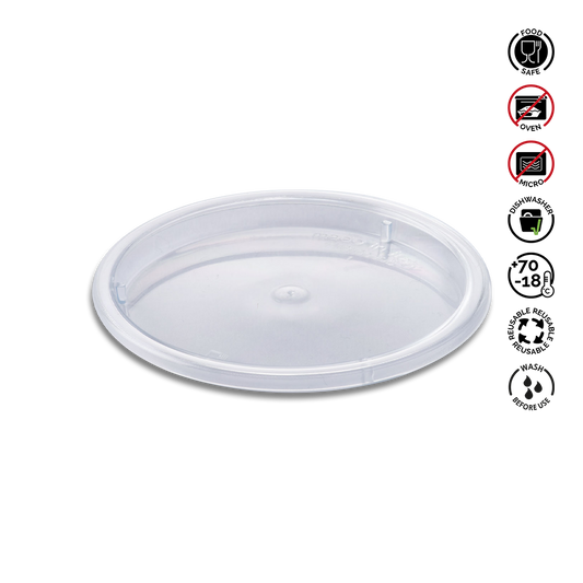 Clear plastic lid with recycling and safety symbols on a white background
