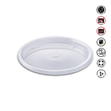 Clear plastic lid with recycling and safety symbols on a white background