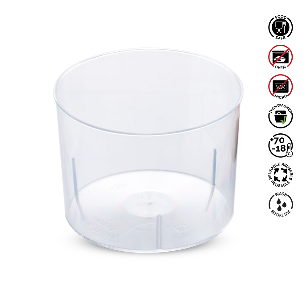 Clear plastic container with food safety symbols on a white background