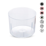 Clear plastic container with food safety symbols on a white background