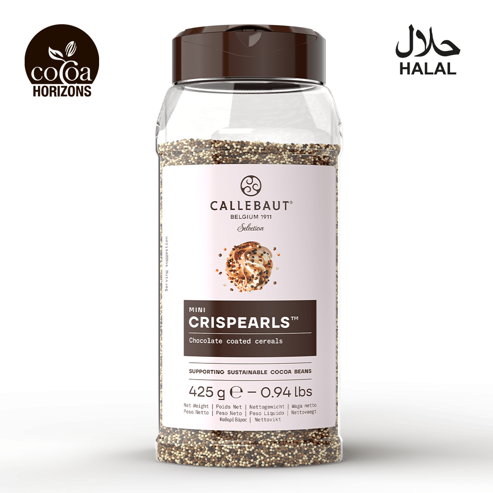 A bottle of Callebaut Crispearls chocolate coated cereals, featuring a clear plastic container with a dark brown cap and a white label. The product is shown on a clean white background with the 'cocoa horizons' logo on the top left and a 'HALAL' certification logo on the top right.