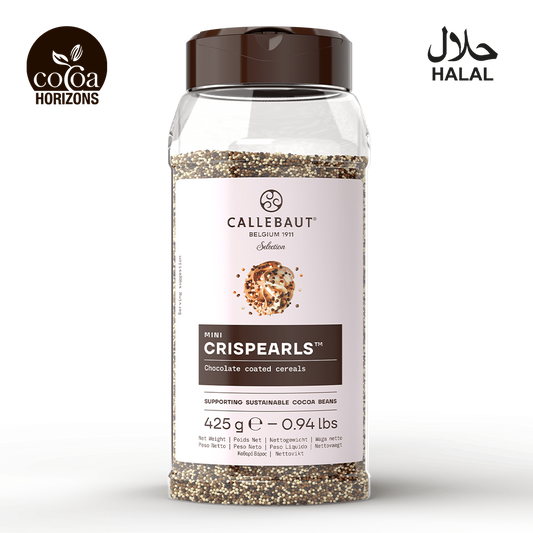 A bottle of Callebaut Crispearls chocolate coated cereals, featuring a clear plastic container with a dark brown cap and a white label. The product is shown on a clean white background with the 'cocoa horizons' logo on the top left and a 'HALAL' certification logo on the top right.