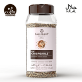 A bottle of Callebaut Crispearls chocolate coated cereals, featuring a clear plastic container with a dark brown cap and a white label. The product is shown on a clean white background with the 'cocoa horizons' logo on the top left and a 'HALAL' certification logo on the top right.