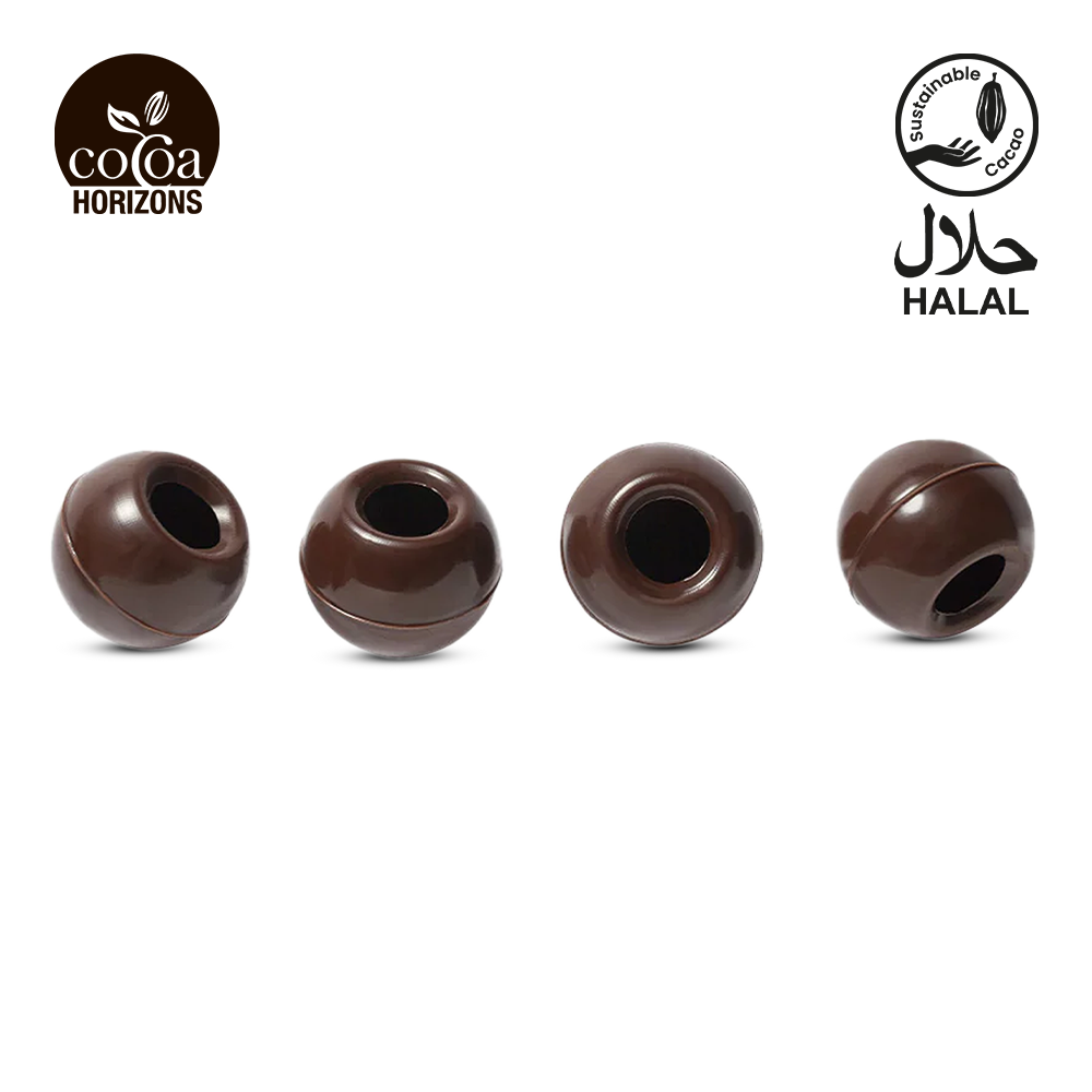 Four chocolate balls with 'Cocoa Horizons' and 'Halal' logos on a white background.