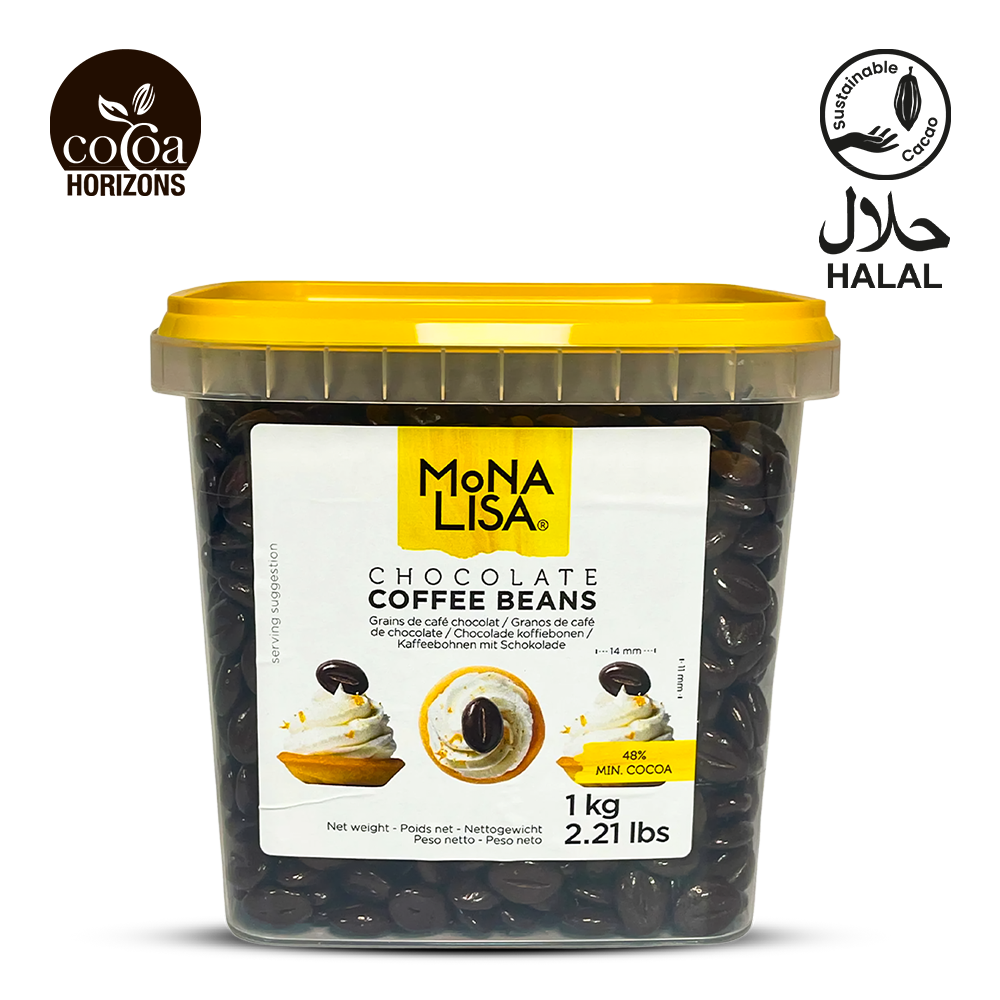 Container of Mona Lisa Chocolate Coffee Beans with visible branding on a white background