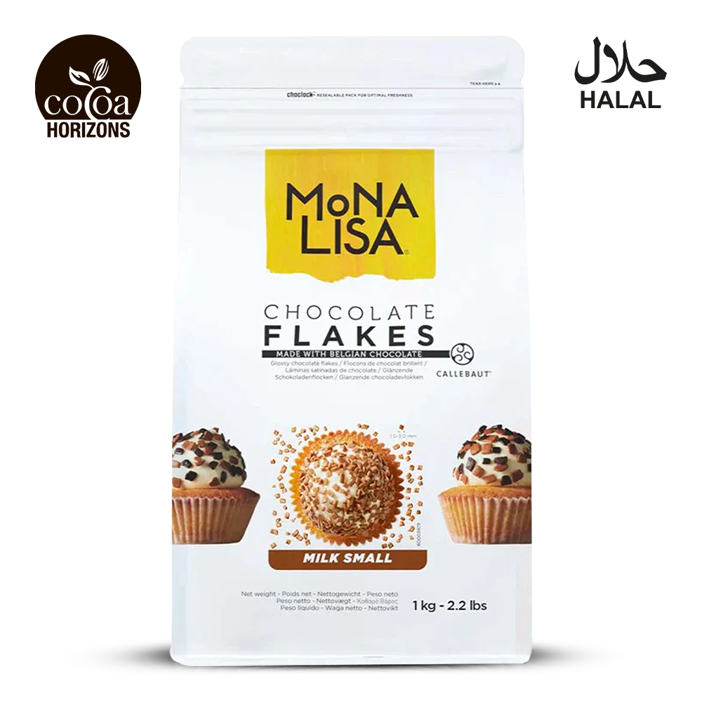 Package of Mona Lisa Chocolate Flakes with branding and certification logos on a white background