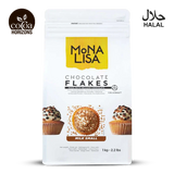 Package of Mona Lisa Chocolate Flakes with branding and certification logos on a white background