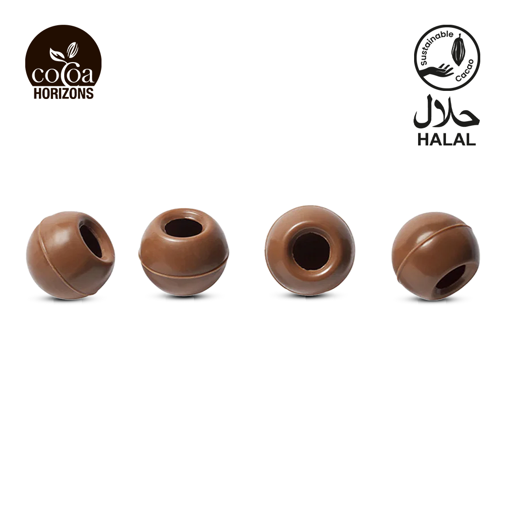 Four brown chocolate balls with 'Cocoa Horizons' and 'Halal' logos on a white background.