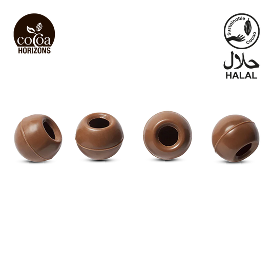 Four brown chocolate balls with 'Cocoa Horizons' and 'Halal' logos on a white background.
