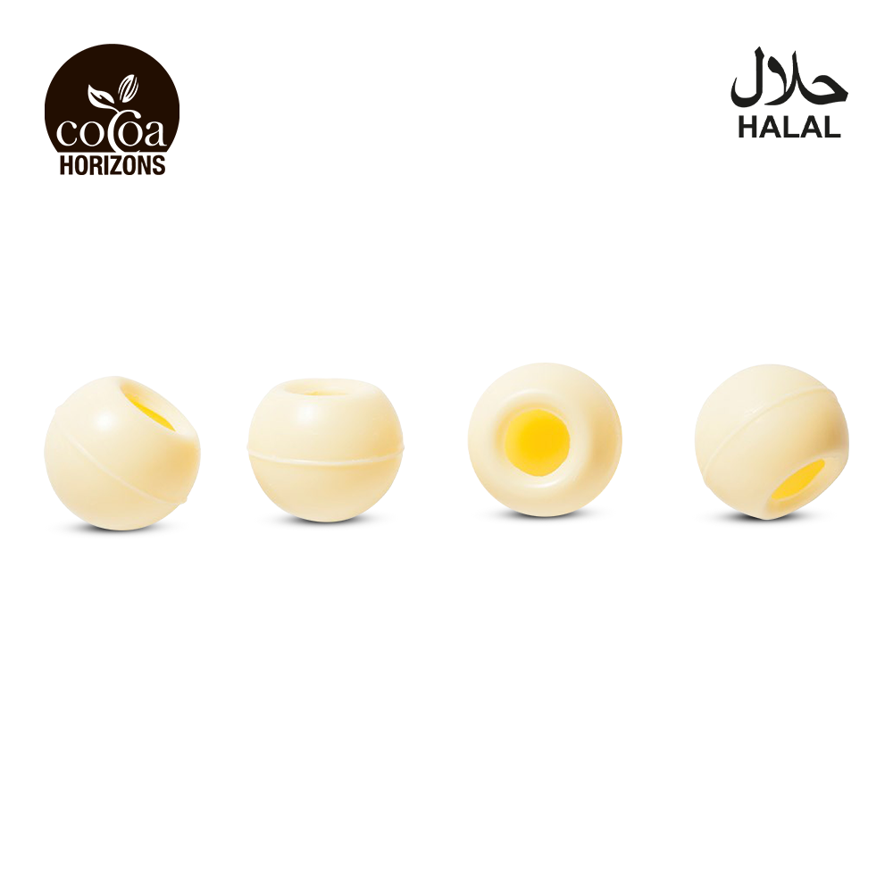 Four spherical bath bombs with a yellow center on a white background, featuring the 'Cocoa Horizons' brand.