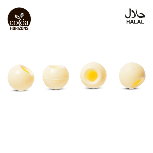 Four spherical bath bombs with a yellow center on a white background, featuring the 'Cocoa Horizons' brand.