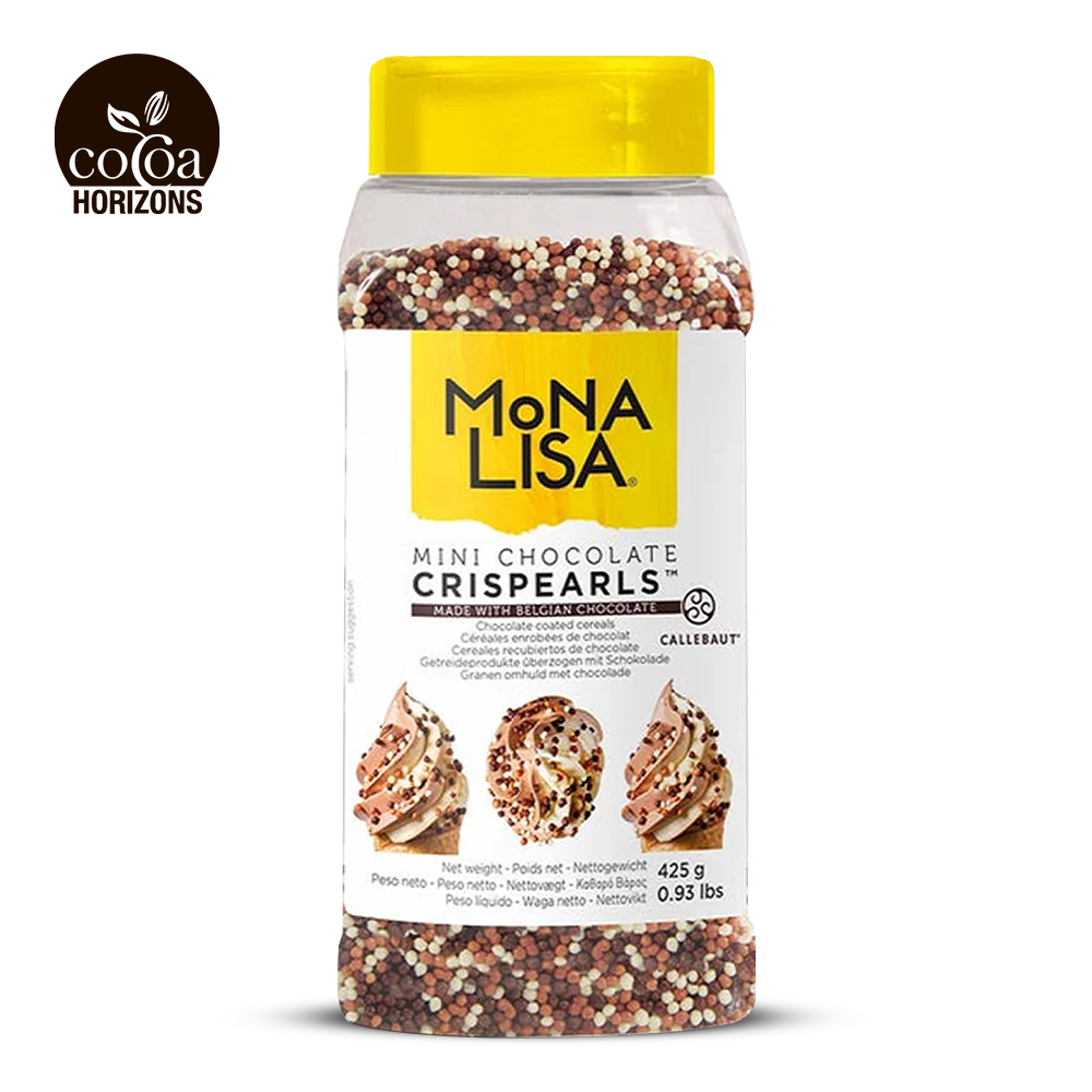 Jar of Mona Lisa Mini Chocolate Crispearls with yellow lid on a white background