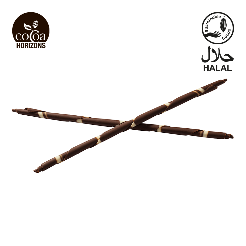 Chocolate sticks with 'Cocoa Horizons' and 'Halal' certification logos on a white background