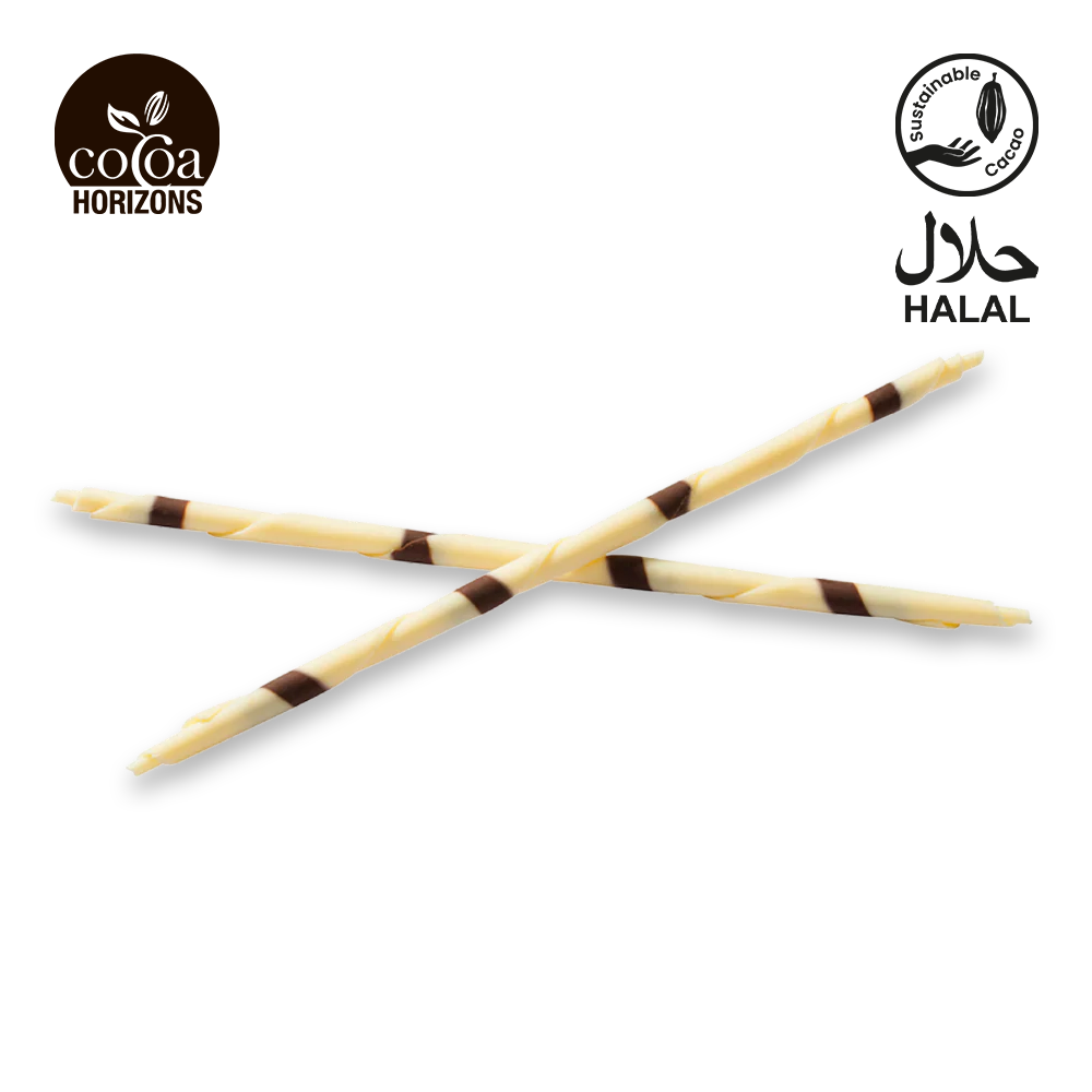Two crossed chocolate sticks with 'Cocoa Horizons' and 'Halal' logos on a white background.