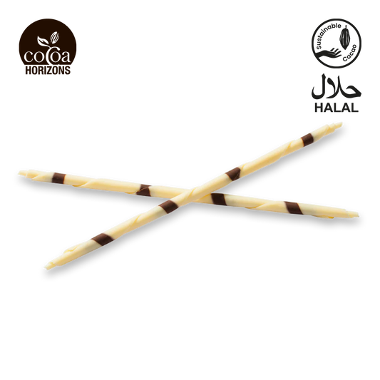 Two crossed chocolate sticks with 'Cocoa Horizons' and 'Halal' logos on a white background.