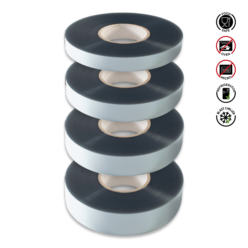 Four rolls of black tape stacked on a white background with safety symbol icons.