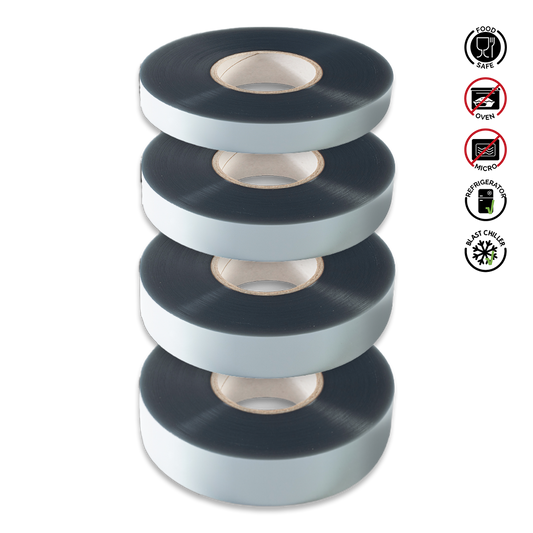 Four rolls of black tape stacked on a white background with safety symbol icons.