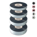 Four rolls of black tape stacked on a white background with safety symbol icons.