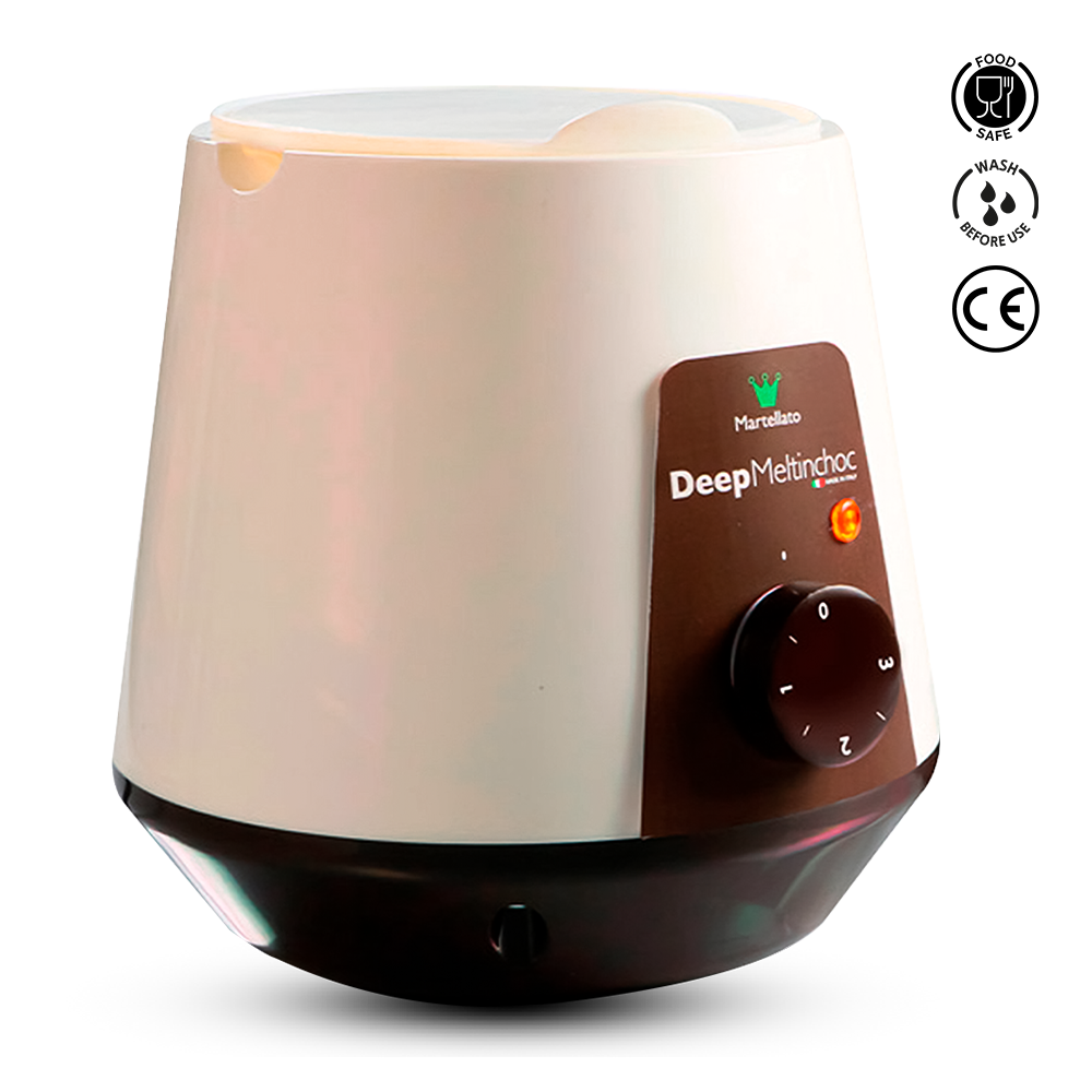 White and brown Deep Meltingchoc chocolate fondue heater on a white background