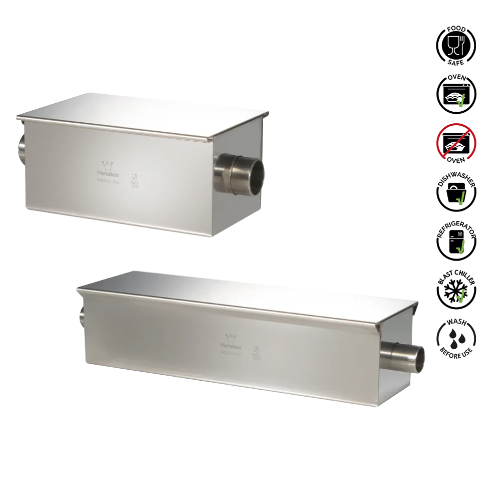 Two stainless steel components with safety and care instructions on a white background