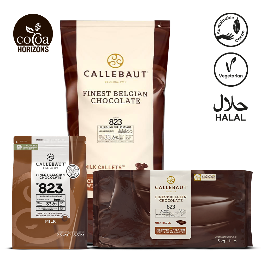 Callebaut chocolate packaging with branding and certification logos on a white background