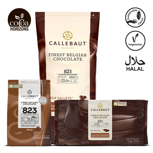 Callebaut chocolate packaging with branding and certification logos on a white background