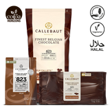 Callebaut chocolate packaging with branding and certification logos on a white background