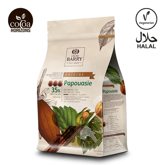 Cocoa Barry chocolate packaging with Papouasie branding on a white background