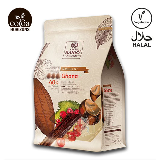 Cocoa Barry Ghana chocolate packaging with branding and certification logos.