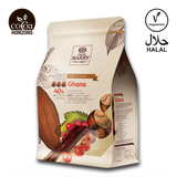 Cocoa Barry Ghana chocolate packaging with branding and certification logos.