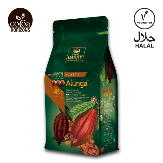 Cocoa Barry Alunga chocolate packaging with cacao beans and leaves on a white background