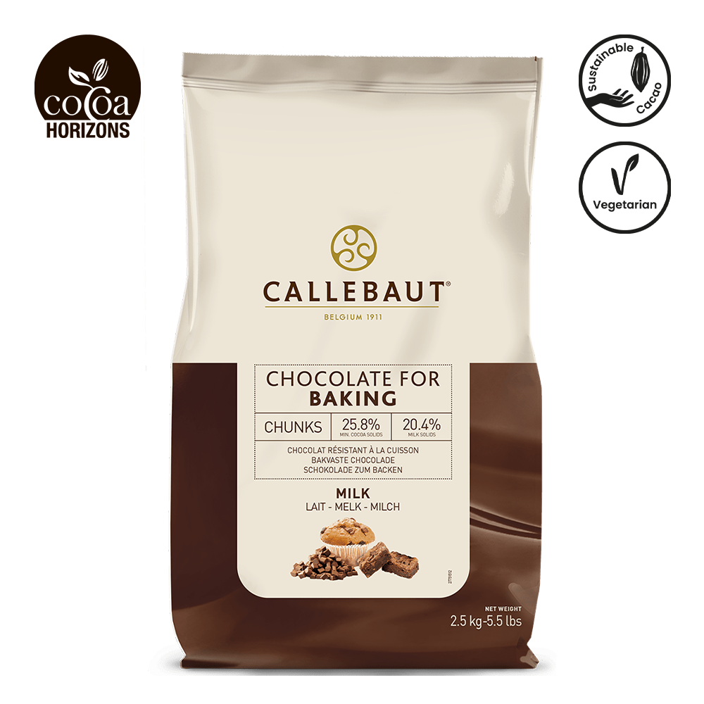 Callebaut chocolate for baking package with branding and product details on a white background