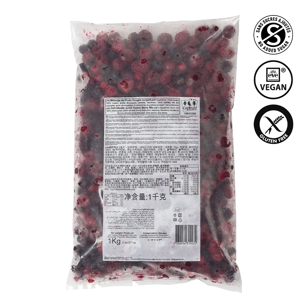 Bag of frozen berries with a label and certification logos on a white background