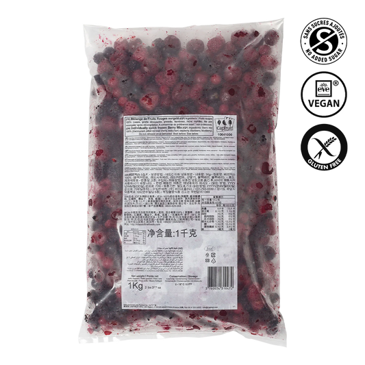 Bag of frozen berries with a label and certification logos on a white background