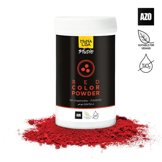 Jar of red color powder with Mona Lisa Studio branding on a white background