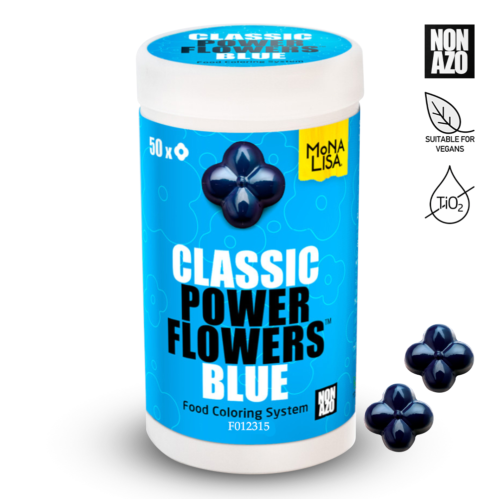 Container of Mona Lisa Classic Power Flowers Blue food coloring system on a white background