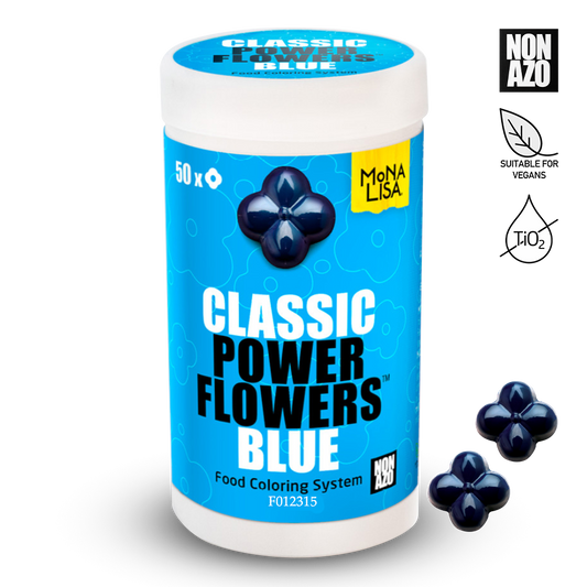 Container of Mona Lisa Classic Power Flowers Blue food coloring system on a white background