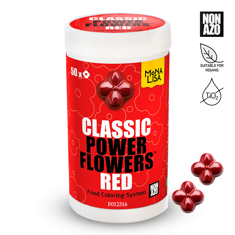 Mona Lisa Classic Power Flowers Red food coloring system container with red flowers on a white background